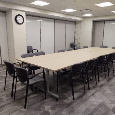 Long Lake Room with standard boardroom set up.